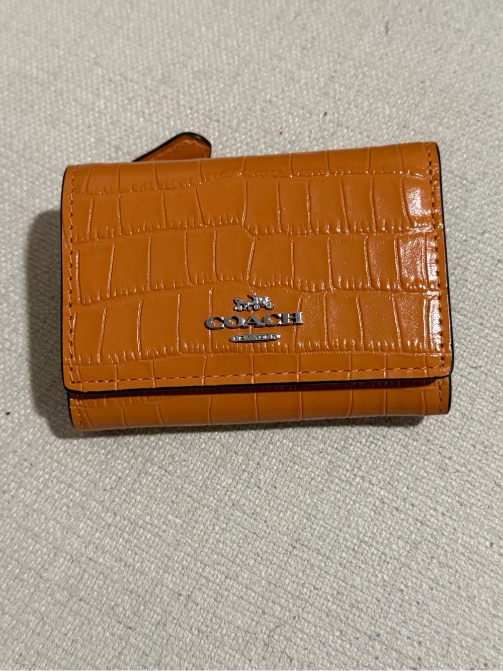 Coach Orange Croc-Embossed Mini Trifold Wallet
